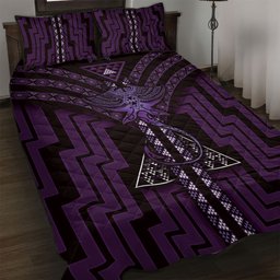 New Zealand Manta Ray Quilt Bed Set Maori Tukutuku Taniko Motifs Purple
