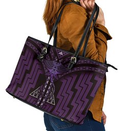 New Zealand Manta Ray Leather Tote Bag Maori Tukutuku Taniko Motifs Purple