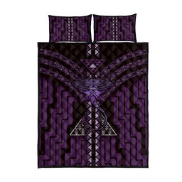 New Zealand Manta Ray Quilt Bed Set Maori Tukutuku Taniko Motifs Purple