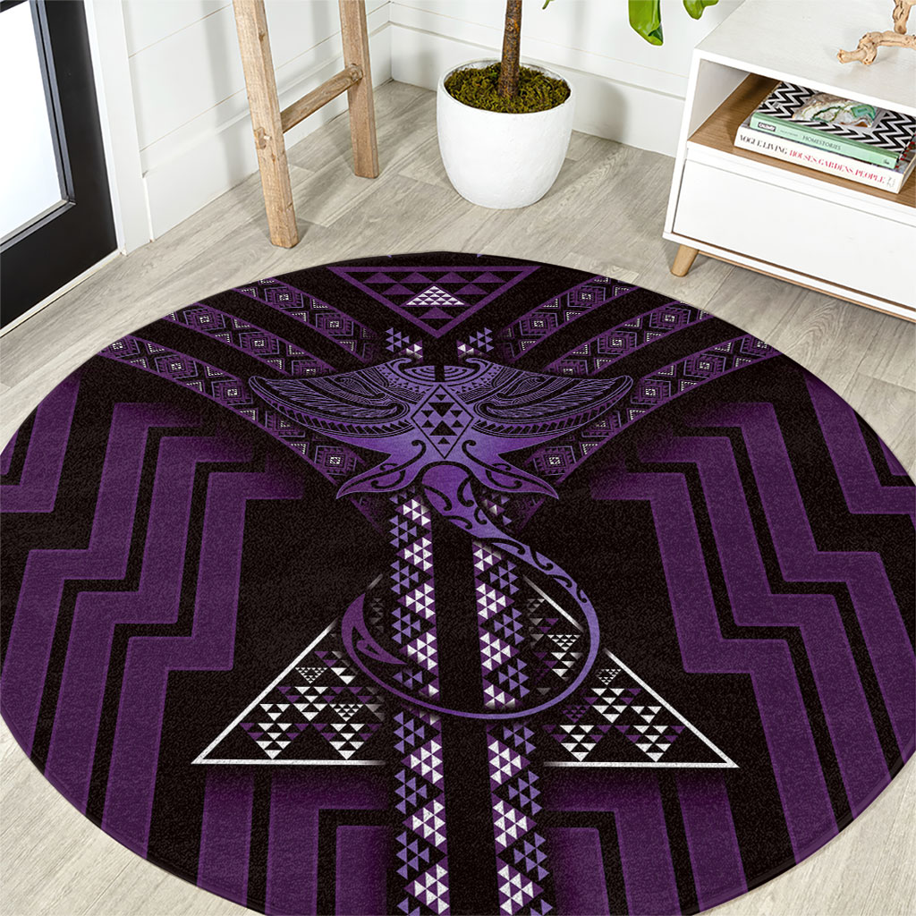 New Zealand Manta Ray Round Carpet Maori Tukutuku Taniko Motifs Purple