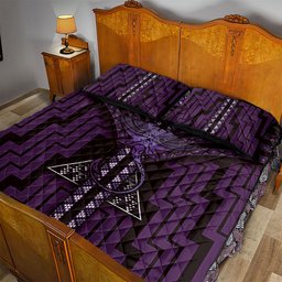 New Zealand Manta Ray Quilt Bed Set Maori Tukutuku Taniko Motifs Purple