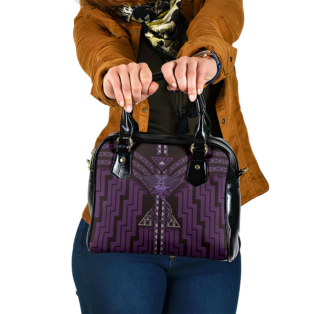 New Zealand Manta Ray Shoulder Handbag Maori Tukutuku Taniko Motifs Purple