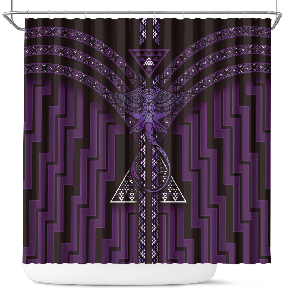 New Zealand Manta Ray Shower Curtain Maori Tukutuku Taniko Motifs Purple