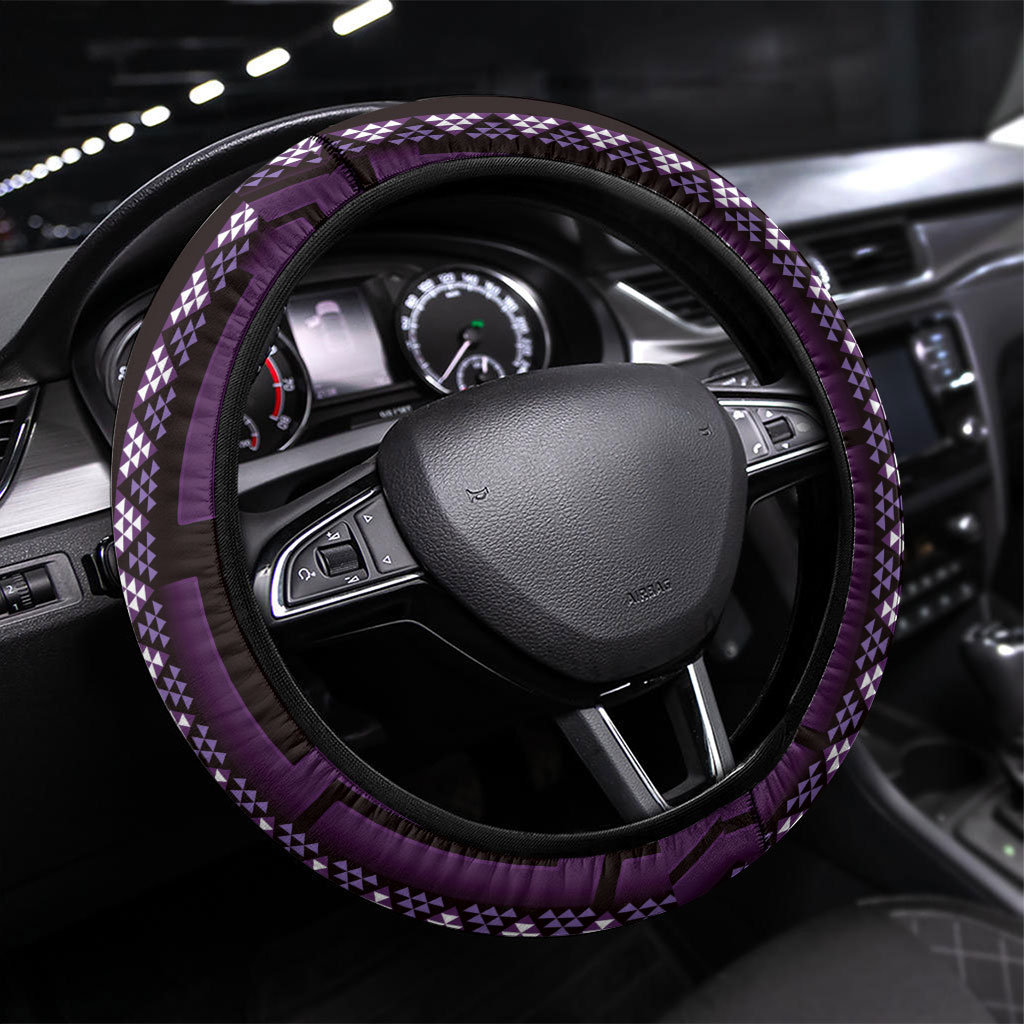 New Zealand Manta Ray Steering Wheel Cover Maori Tukutuku Taniko Motifs Purple