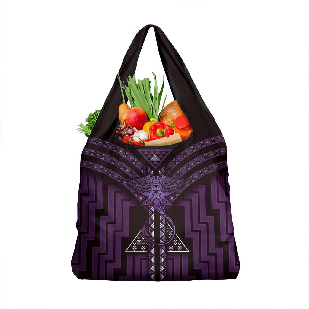New Zealand Manta Ray Grocery Bag Maori Tukutuku Taniko Motifs Purple