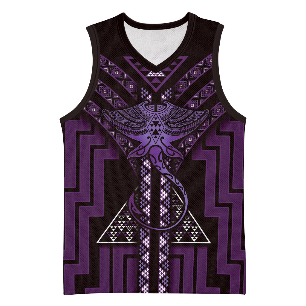 New Zealand Manta Ray Basketball Jersey Maori Tukutuku Taniko Motifs Purple