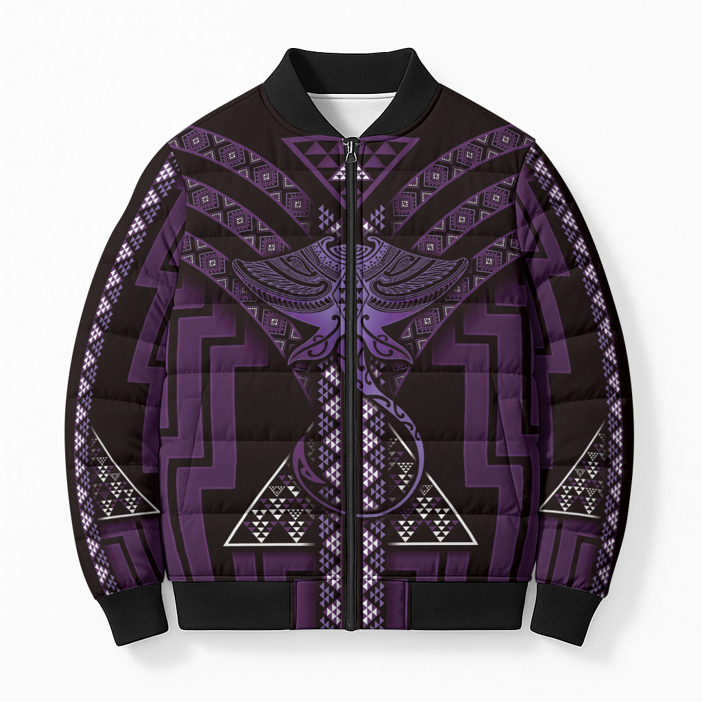 New Zealand Manta Ray Bomber Puffer Jacket Maori Tukutuku Taniko Motifs Purple