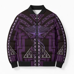 New Zealand Manta Ray Bomber Puffer Jacket Maori Tukutuku Taniko Motifs Purple