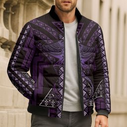 New Zealand Manta Ray Bomber Puffer Jacket Maori Tukutuku Taniko Motifs Purple