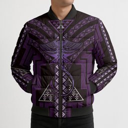 New Zealand Manta Ray Bomber Puffer Jacket Maori Tukutuku Taniko Motifs Purple