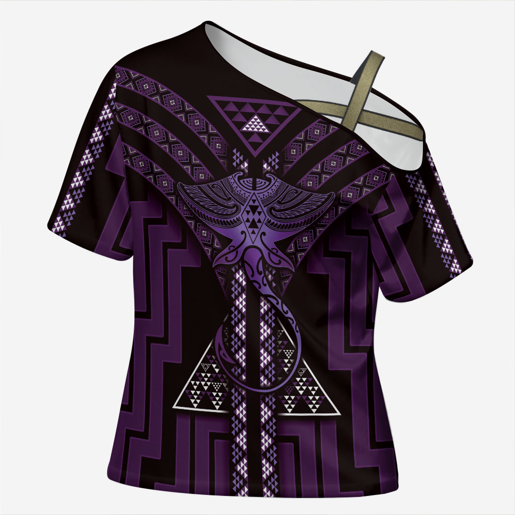 New Zealand Manta Ray Cross Shoulder Shirt Maori Tukutuku Taniko Motifs Purple