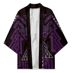 New Zealand Manta Ray Kimono Maori Tukutuku Taniko Motifs Purple