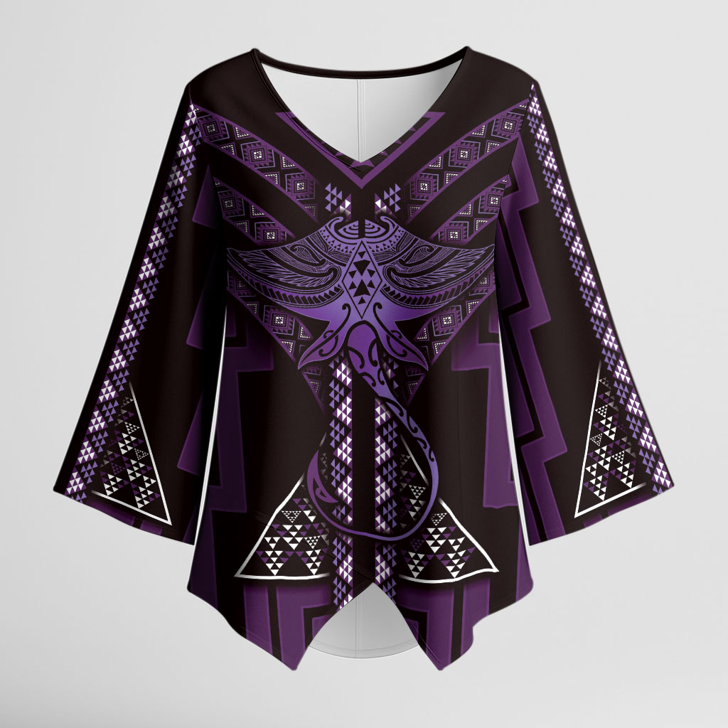 New Zealand Manta Ray Kimono Sleeve Blouse Maori Tukutuku Taniko Motifs Purple