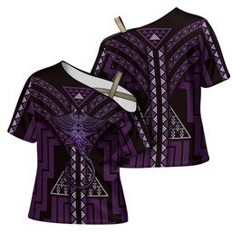 New Zealand Manta Ray Cross Shoulder Shirt Maori Tukutuku Taniko Motifs Purple