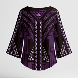 New Zealand Manta Ray Kimono Sleeve Blouse Maori Tukutuku Taniko Motifs Purple