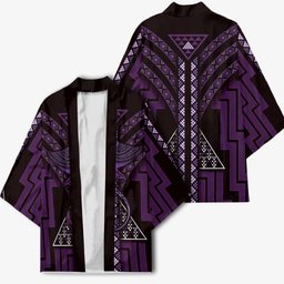 New Zealand Manta Ray Kimono Maori Tukutuku Taniko Motifs Purple