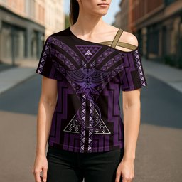 New Zealand Manta Ray Cross Shoulder Shirt Maori Tukutuku Taniko Motifs Purple
