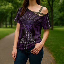 New Zealand Manta Ray Cross Shoulder Shirt Maori Tukutuku Taniko Motifs Purple