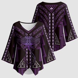 New Zealand Manta Ray Kimono Sleeve Blouse Maori Tukutuku Taniko Motifs Purple