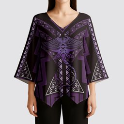 New Zealand Manta Ray Kimono Sleeve Blouse Maori Tukutuku Taniko Motifs Purple