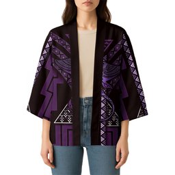 New Zealand Manta Ray Kimono Maori Tukutuku Taniko Motifs Purple