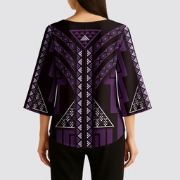 New Zealand Manta Ray Kimono Sleeve Blouse Maori Tukutuku Taniko Motifs Purple