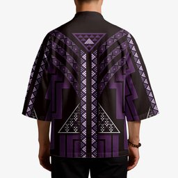 New Zealand Manta Ray Kimono Maori Tukutuku Taniko Motifs Purple