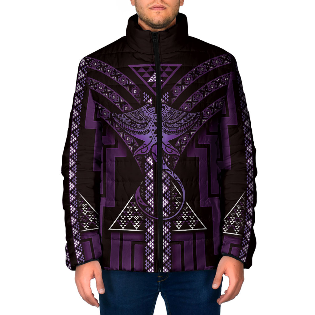 New Zealand Manta Ray Padded Jacket Maori Tukutuku Taniko Motifs Purple