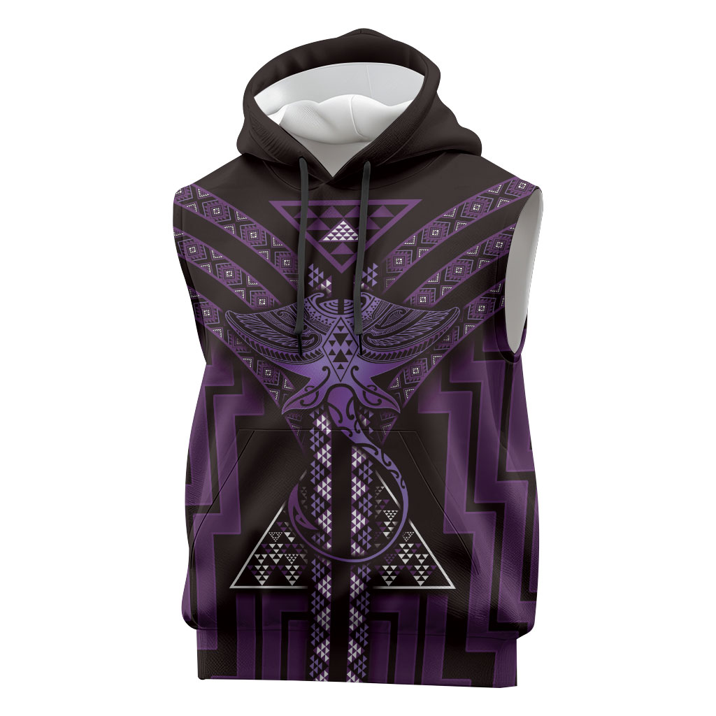 New Zealand Manta Ray Sleeveless Hoodie Maori Tukutuku Taniko Motifs Purple