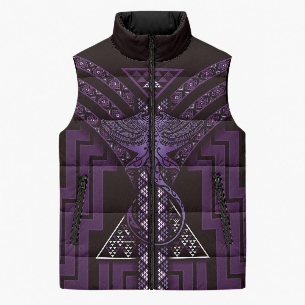 New Zealand Manta Ray Sleeveless Puffer Jacket Maori Tukutuku Taniko Motifs Purple