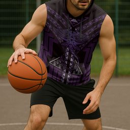 New Zealand Manta Ray Sleeveless Hoodie Maori Tukutuku Taniko Motifs Purple