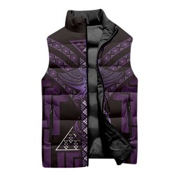 New Zealand Manta Ray Sleeveless Puffer Jacket Maori Tukutuku Taniko Motifs Purple