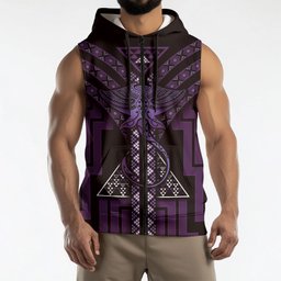 New Zealand Manta Ray Sleeveless Zip Hoodie Maori Tukutuku Taniko Motifs Purple
