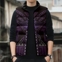 New Zealand Manta Ray Sleeveless Puffer Jacket Maori Tukutuku Taniko Motifs Purple