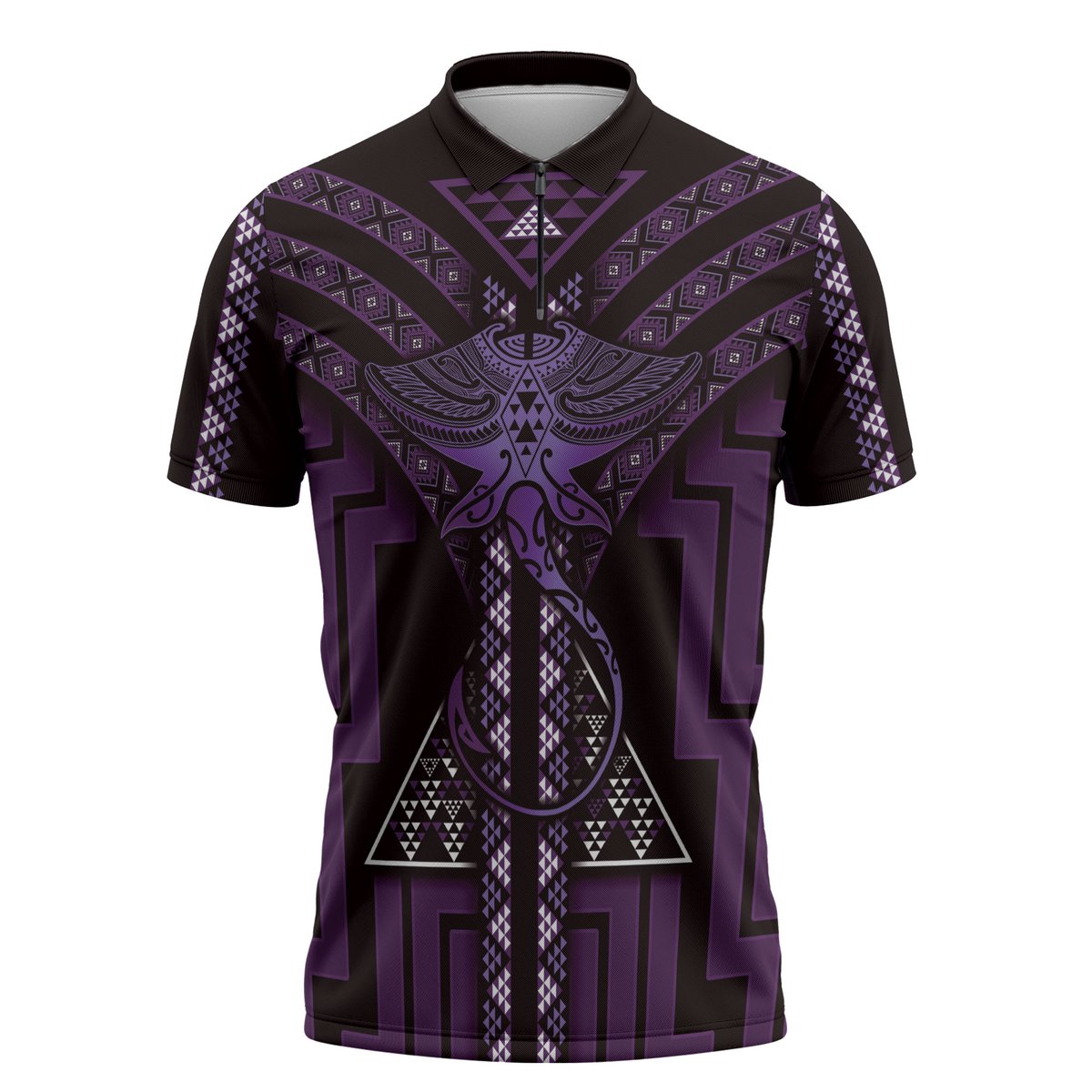 New Zealand Manta Ray Zipper Polo Shirt Maori Tukutuku Taniko Motifs Purple