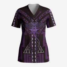 New Zealand Manta Ray Scrub Top Maori Tukutuku Taniko Motifs Purple