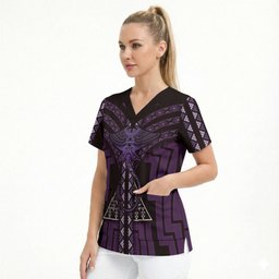 New Zealand Manta Ray Scrub Top Maori Tukutuku Taniko Motifs Purple
