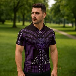 New Zealand Manta Ray Zipper Polo Shirt Maori Tukutuku Taniko Motifs Purple