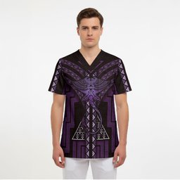 New Zealand Manta Ray Scrub Top Maori Tukutuku Taniko Motifs Purple