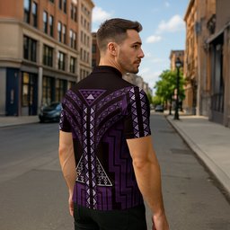 New Zealand Manta Ray Zipper Polo Shirt Maori Tukutuku Taniko Motifs Purple