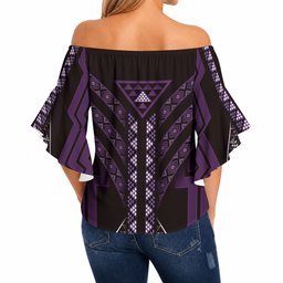 New Zealand Manta Ray Off Shoulder Wrap Waist Top Maori Tukutuku Taniko Motifs Purple