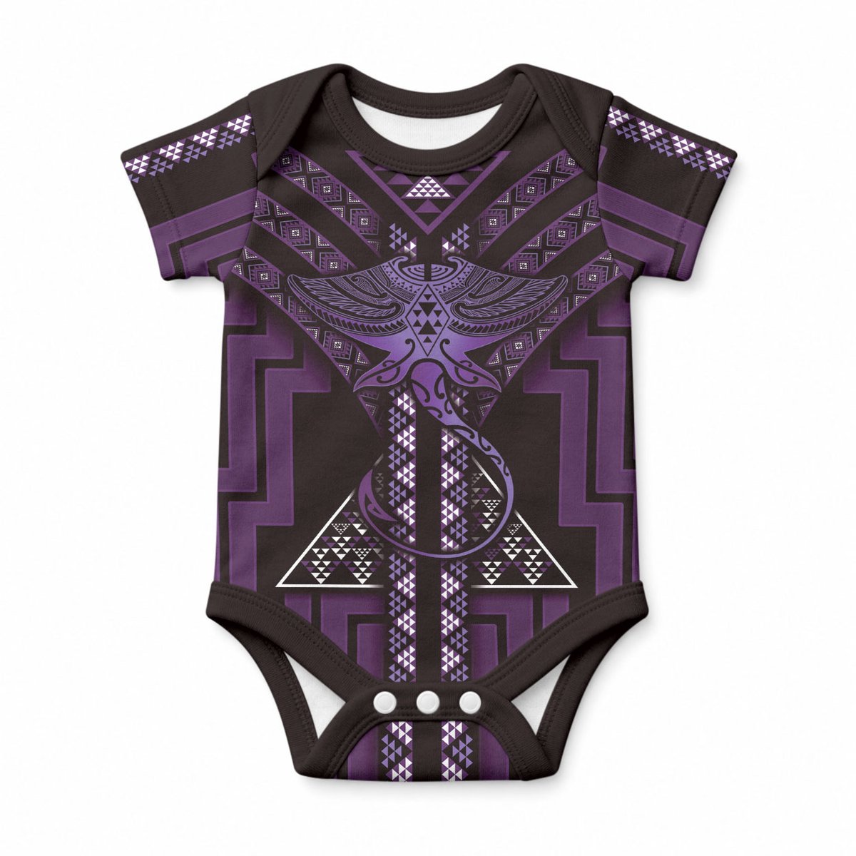 New Zealand Manta Ray Baby Onesie Maori Tukutuku Taniko Motifs Purple