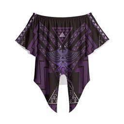 New Zealand Manta Ray Off Shoulder Wrap Waist Top Maori Tukutuku Taniko Motifs Purple