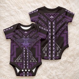 New Zealand Manta Ray Baby Onesie Maori Tukutuku Taniko Motifs Purple