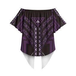 New Zealand Manta Ray Off Shoulder Wrap Waist Top Maori Tukutuku Taniko Motifs Purple