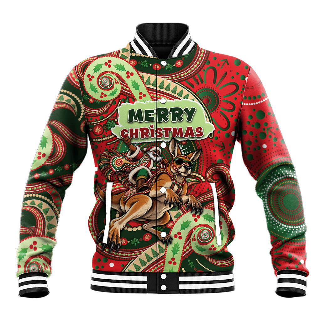 Aboriginal Christmas Baseball Jacket Santa Riding Leaping Kangaroo Dot Pattern