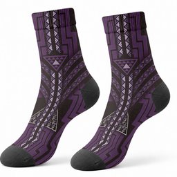 New Zealand Manta Ray Crew Socks Maori Tukutuku Taniko Motifs Purple