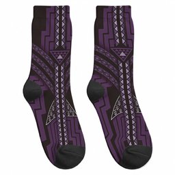 New Zealand Manta Ray Crew Socks Maori Tukutuku Taniko Motifs Purple