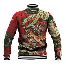 Aboriginal Christmas Baseball Jacket Santa Riding Leaping Kangaroo Dot Pattern