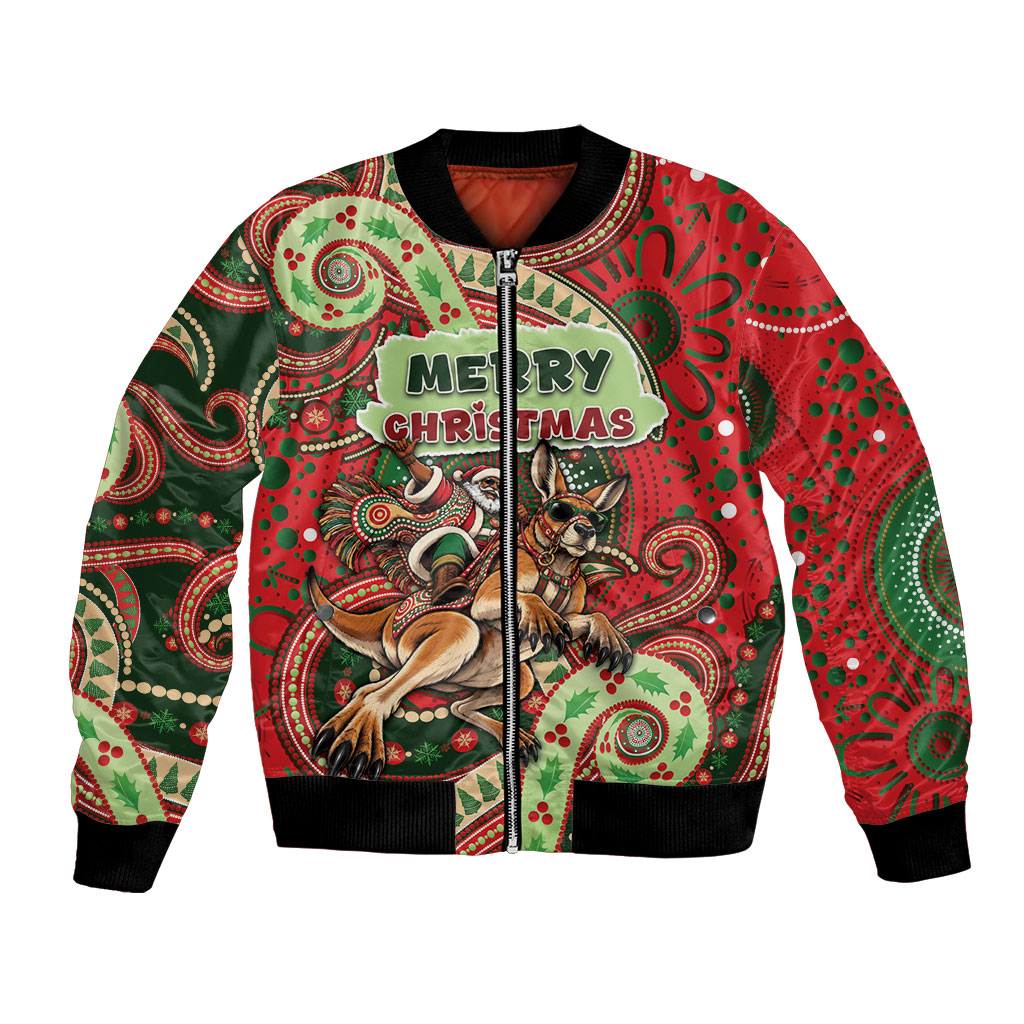 Aboriginal Christmas Bomber Jacket Santa Riding Leaping Kangaroo Dot Pattern